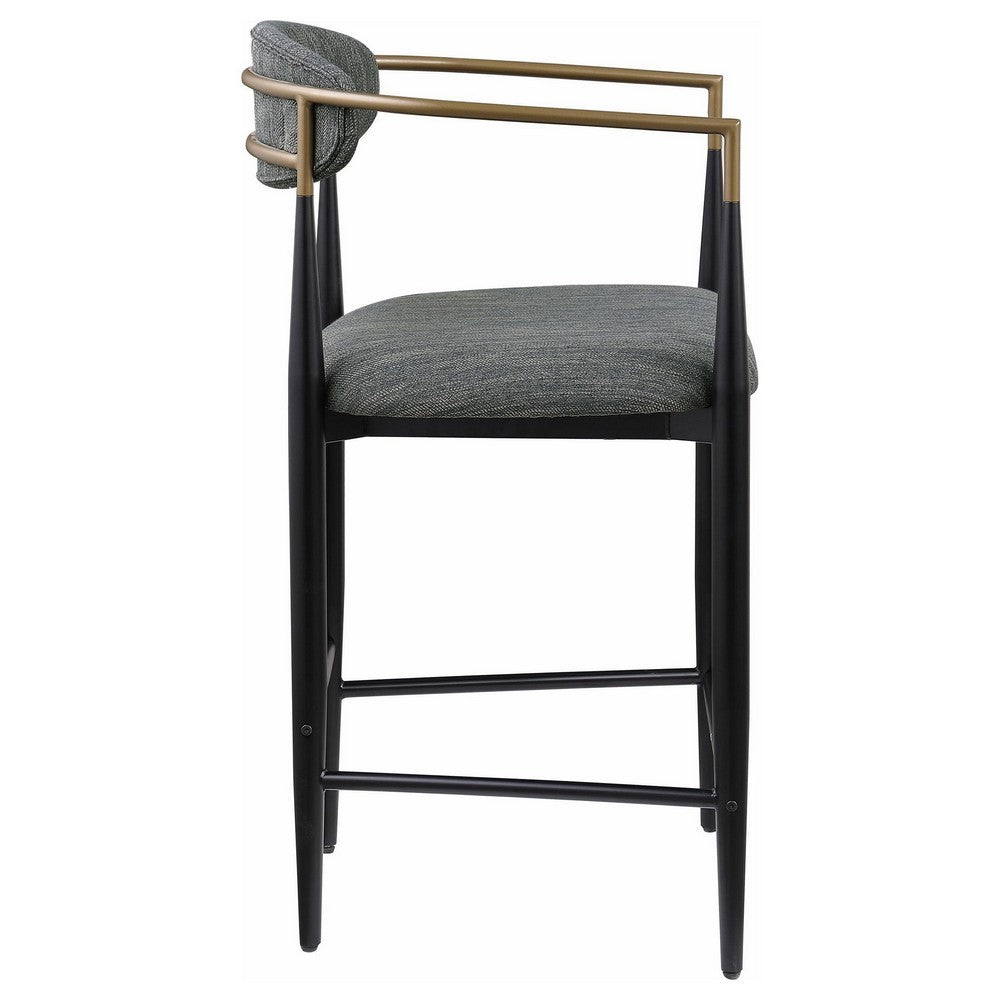 Benjara Tiara Counter Chair Set of 2, Gray Fabric, Gold, Black Metal 25 Inch