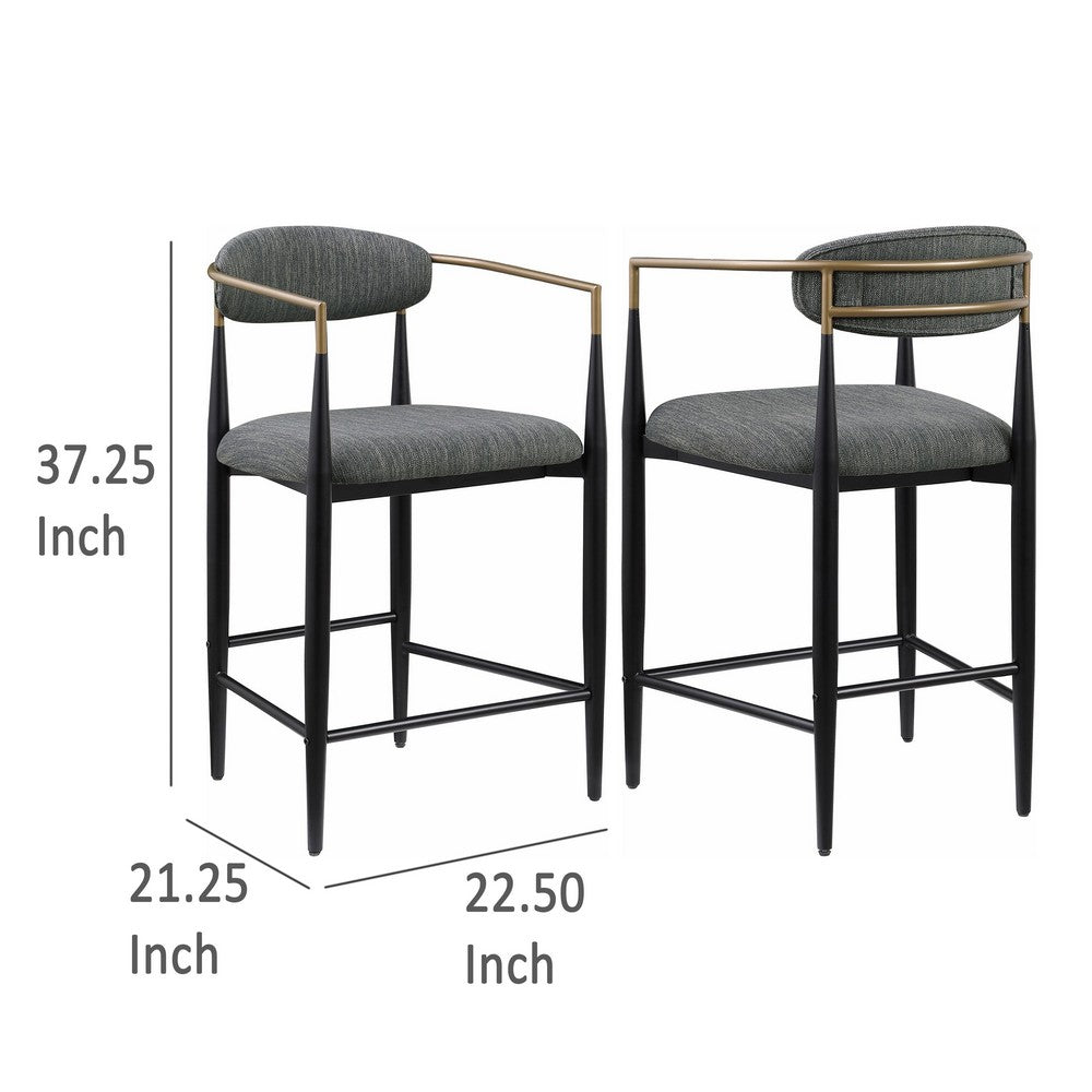 Benjara Tiara Counter Chair Set of 2, Gray Fabric, Gold, Black Metal 25 Inch