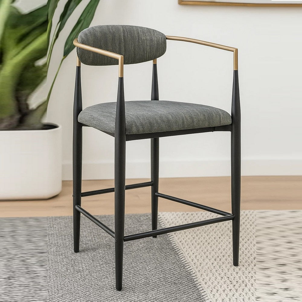 Benjara Tiara Counter Chair Set of 2, Gray Fabric, Gold, Black Metal 25 Inch