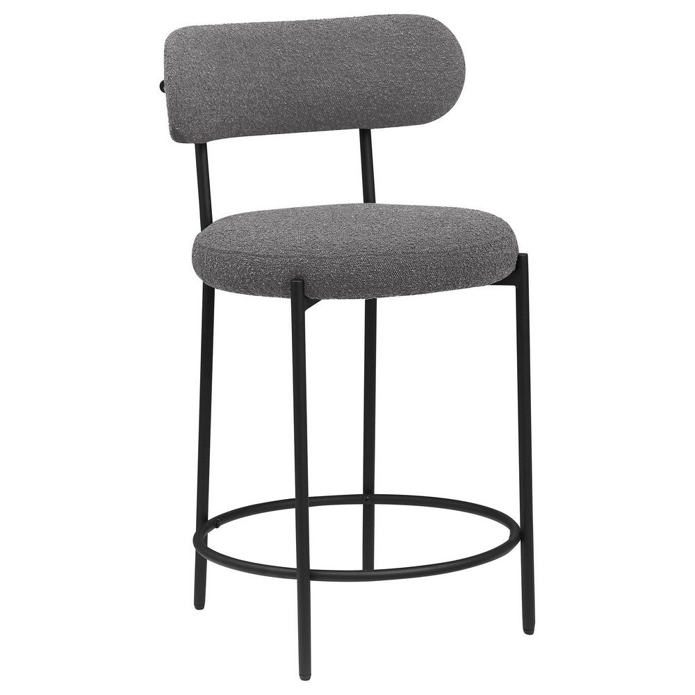 Benjara Winona Counter Height Chair Set of 2, Gray Boucle, Black Metal 25 Inch
