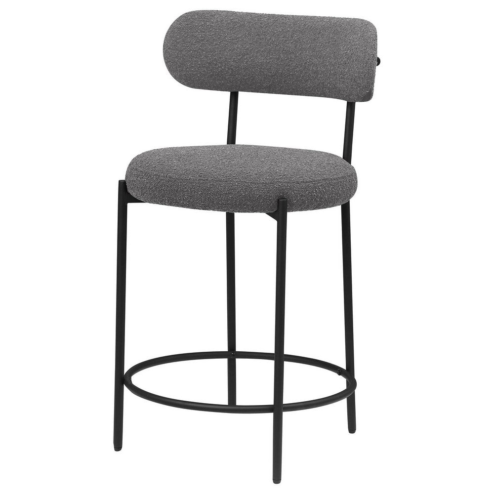 Benjara Winona Counter Height Chair Set of 2, Gray Boucle, Black Metal 25 Inch