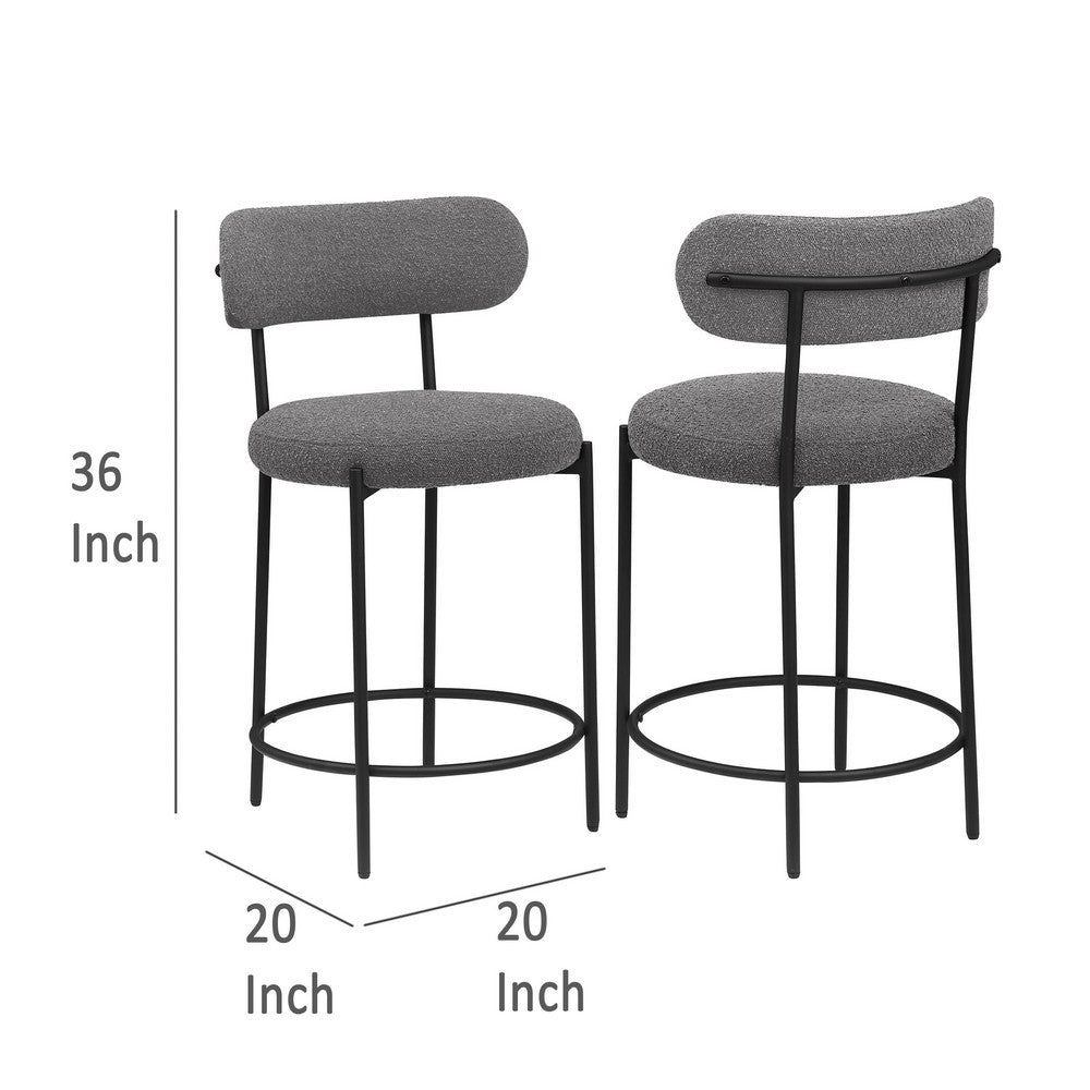 Benjara Winona Counter Height Chair Set of 2, Gray Boucle, Black Metal 25 Inch