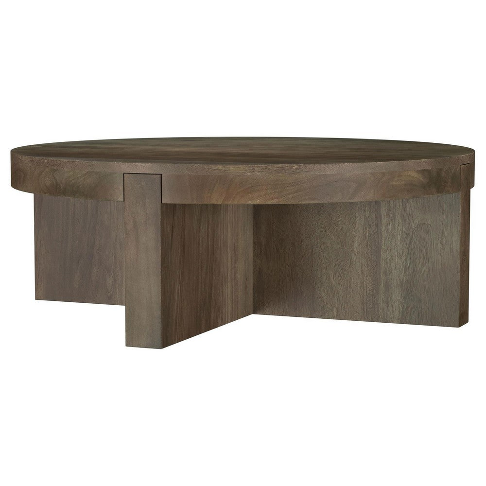 Benjara Kinaj Coffee Table, Dark Brown Solid Mango Wood, Round 38 Inch Top
