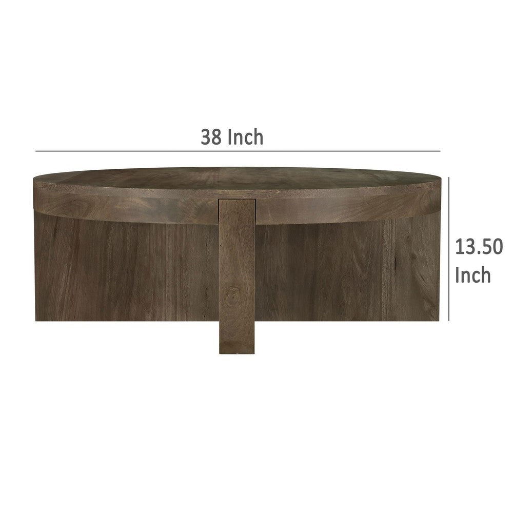Benjara Kinaj Coffee Table, Dark Brown Solid Mango Wood, Round 38 Inch Top