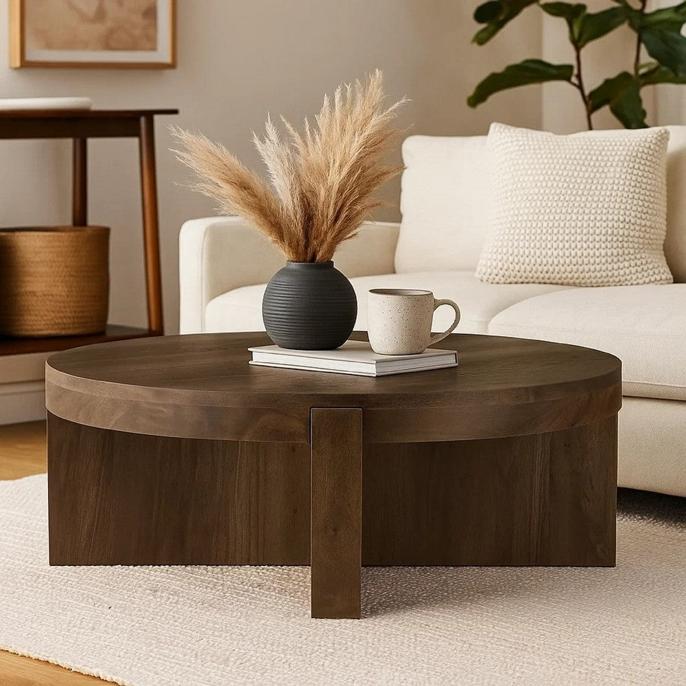 Benjara Kinaj Coffee Table, Dark Brown Solid Mango Wood, Round 38 Inch Top