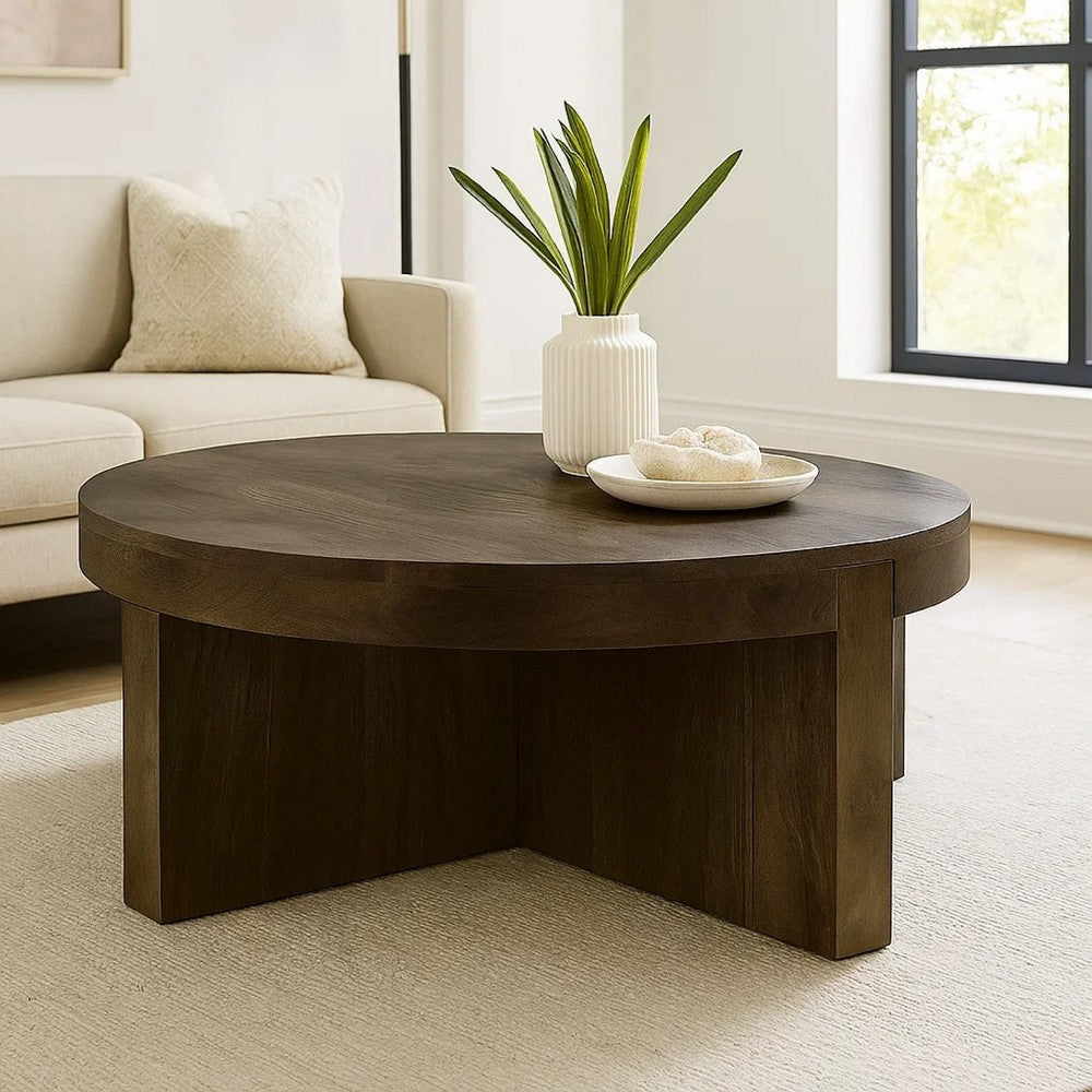Benjara Kinaj Coffee Table, Dark Brown Solid Mango Wood, Round 38 Inch Top