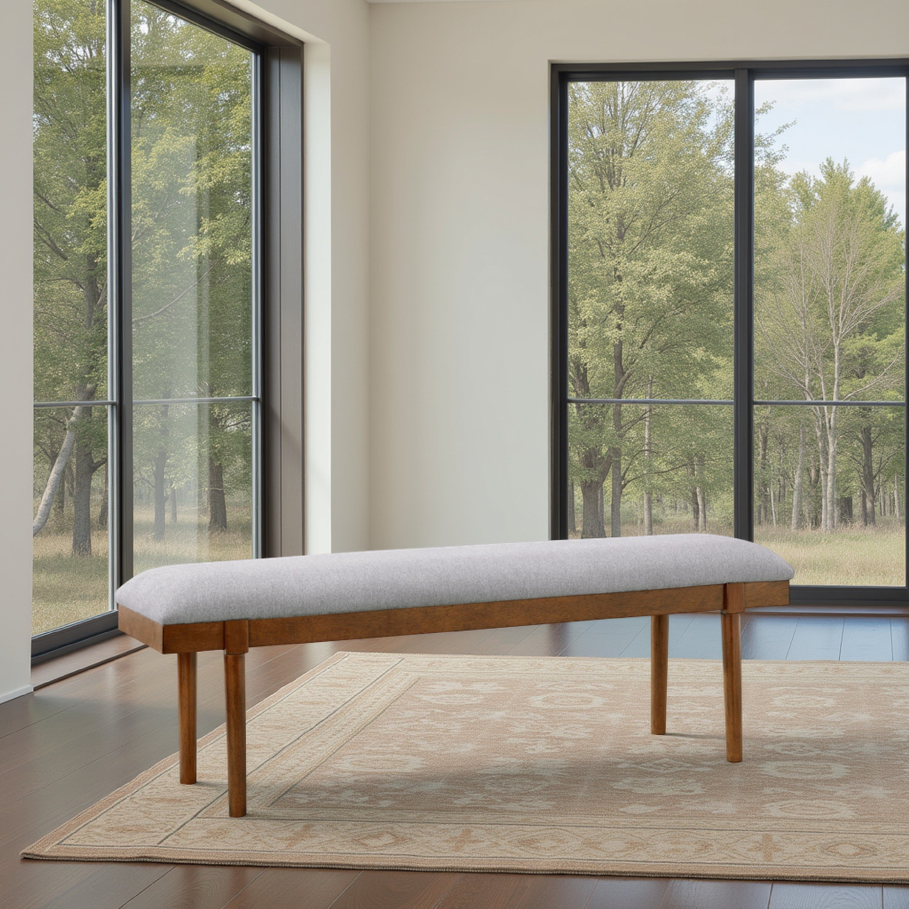 Benjara Jeyn Large Dining Room Bench, 59 Inch Brown Hardwood, Gray Polyester