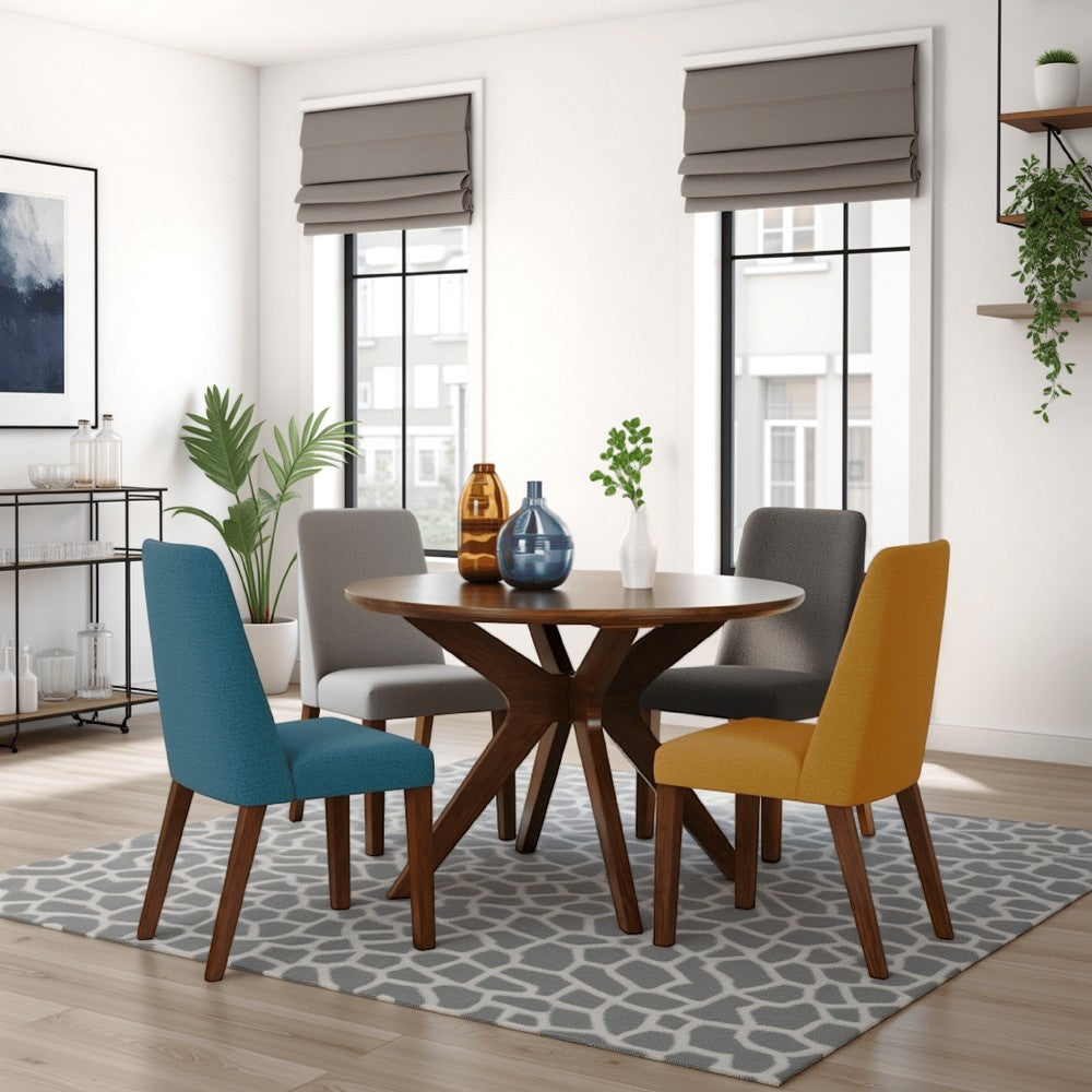 Benjara Jeyn Round Dining Table, Modern Curved Base, 45 Inch Brown Mango Wood