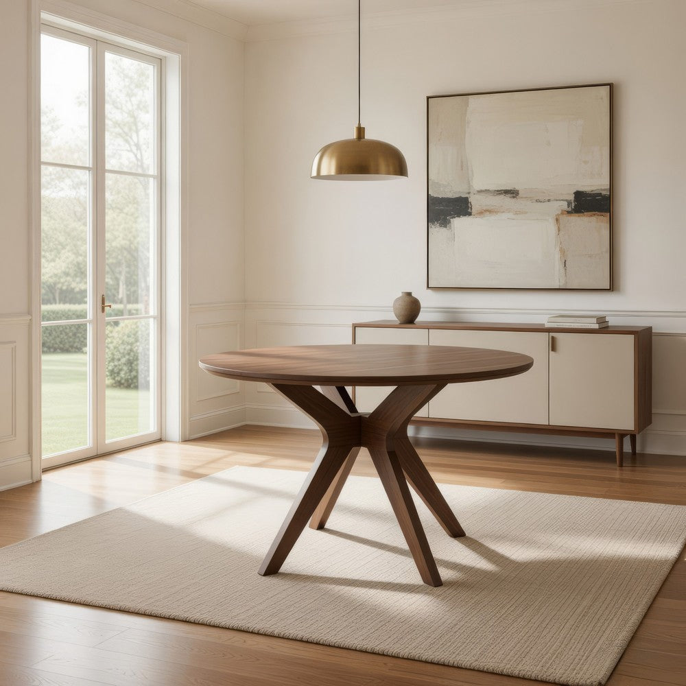 Benjara Jeyn Round Dining Table, Modern Curved Base, 45 Inch Brown Mango Wood