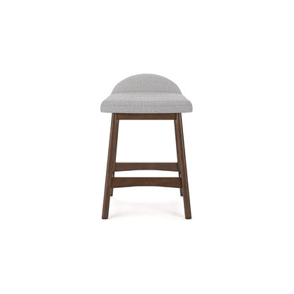 Benjara Jeyn Counter Stool with Footrest Set of 2, Brown Wood, Light Gray Seat