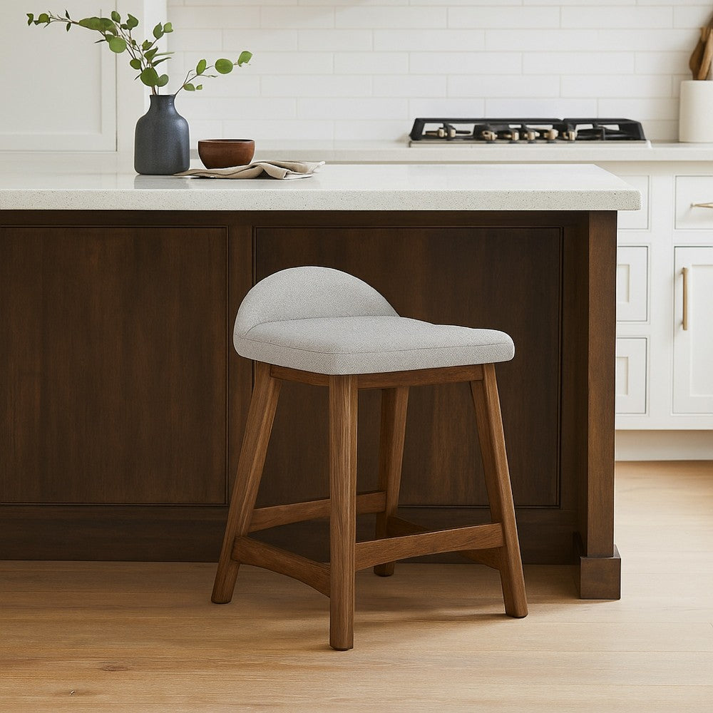 Benjara Jeyn Counter Stool with Footrest Set of 2, Brown Wood, Light Gray Seat