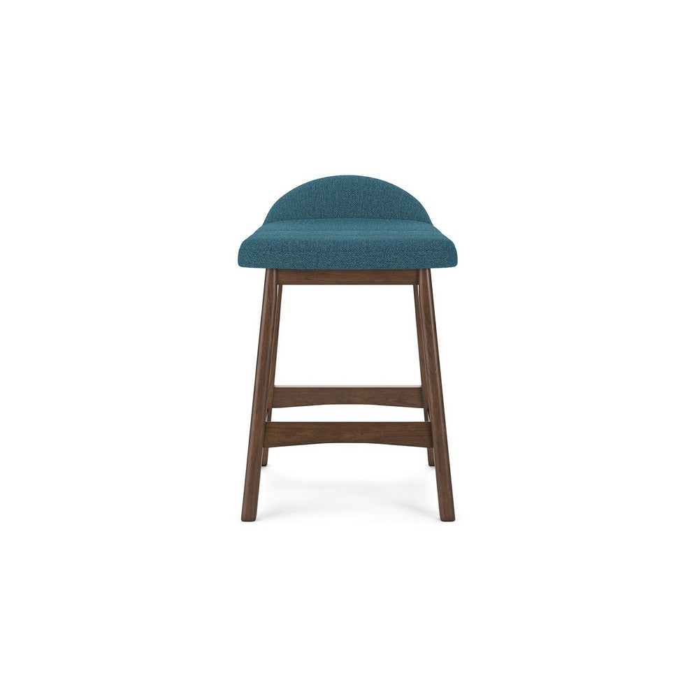 Benjara Jeyn Counter Stool with Footrest Set of 2, Brown Hardwood, Blue Seat