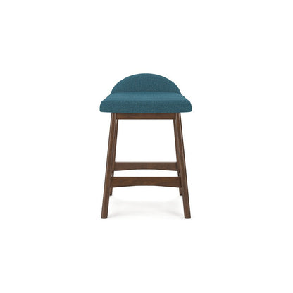 Benjara Jeyn Counter Stool with Footrest Set of 2, Brown Hardwood, Blue Seat