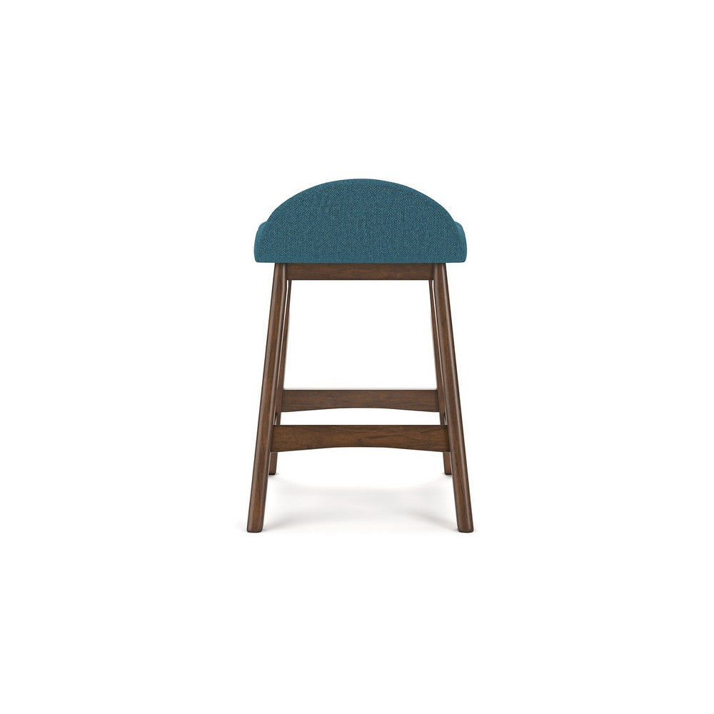 Benjara Jeyn Counter Stool with Footrest Set of 2, Brown Hardwood, Blue Seat