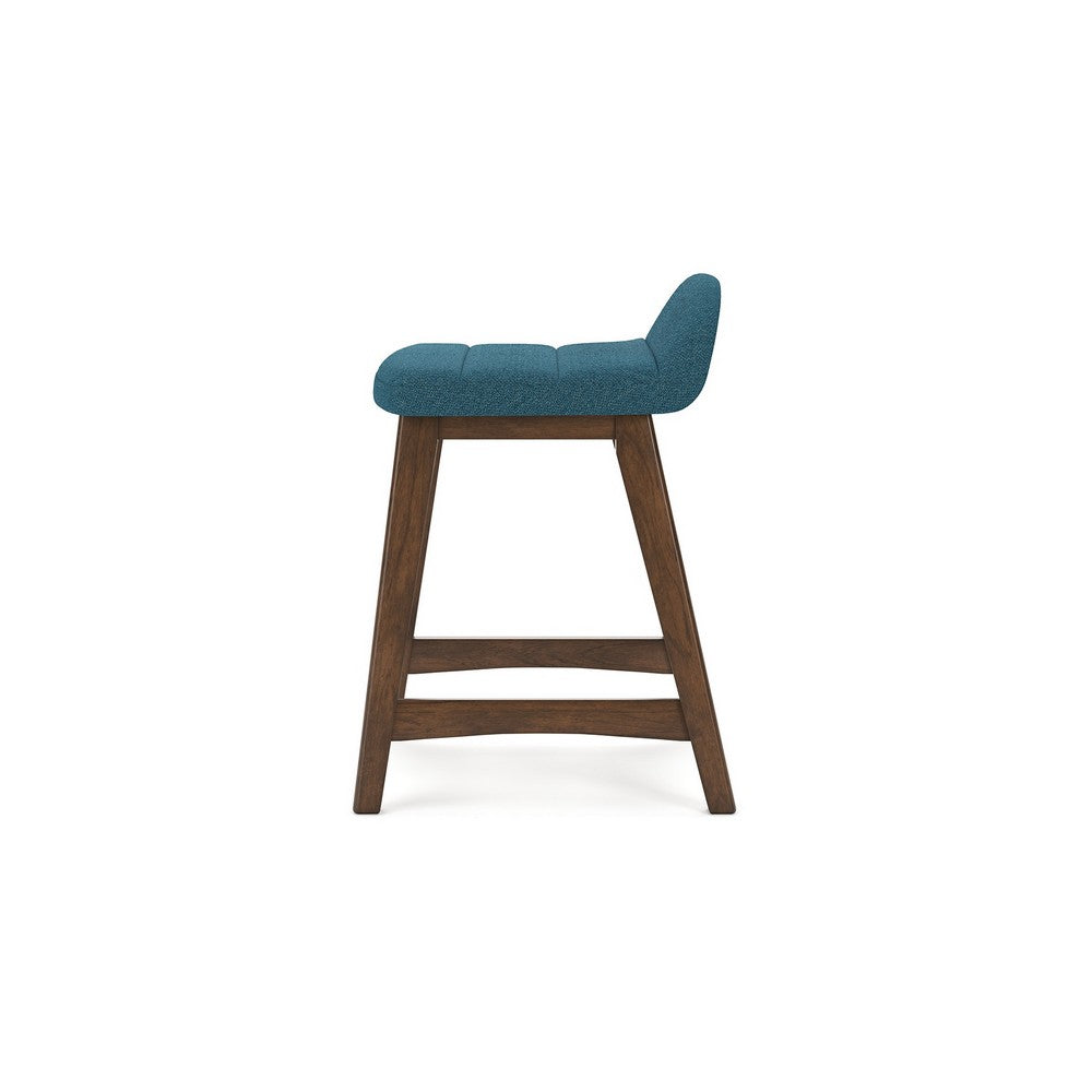 Benjara Jeyn Counter Stool with Footrest Set of 2, Brown Hardwood, Blue Seat