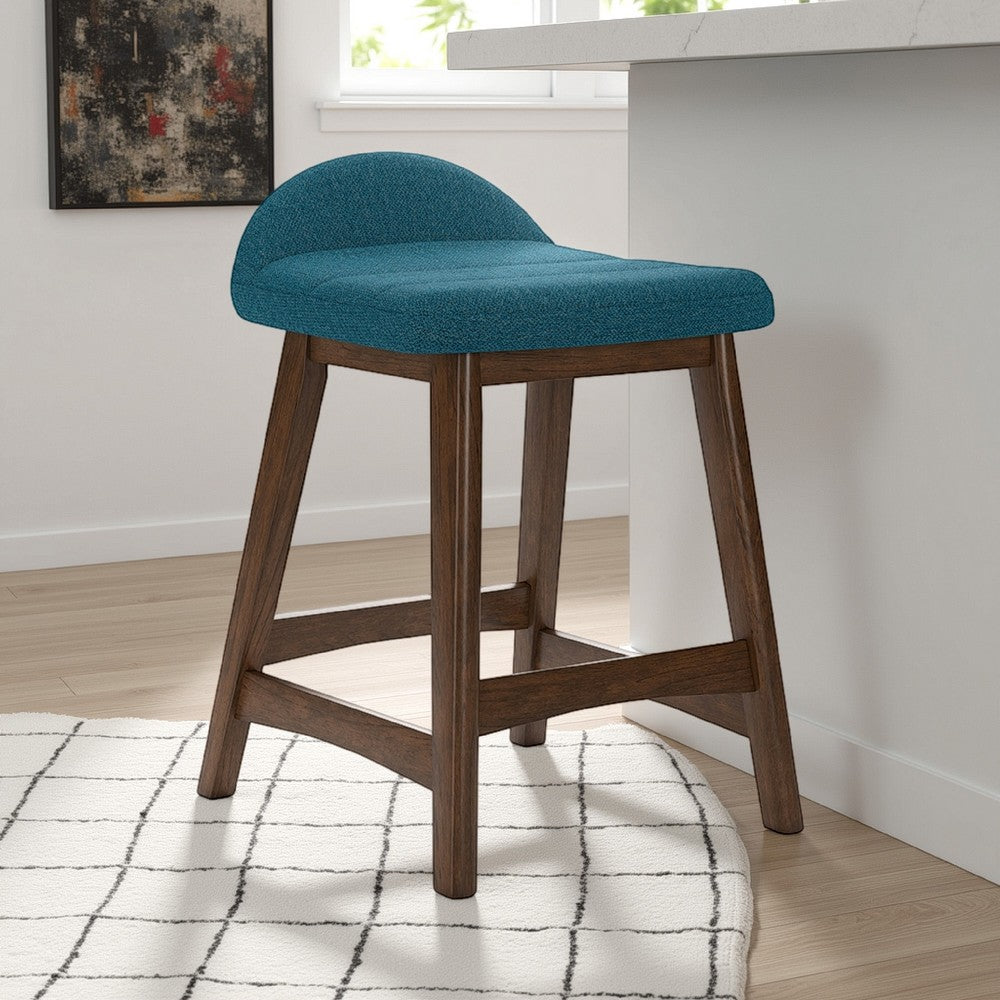 Benjara Jeyn Counter Stool with Footrest Set of 2, Brown Hardwood, Blue Seat