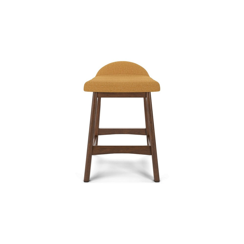 Benjara Jeyn Counter Stool with Footrest Set of 2, Brown Hardwood, Yellow Seat