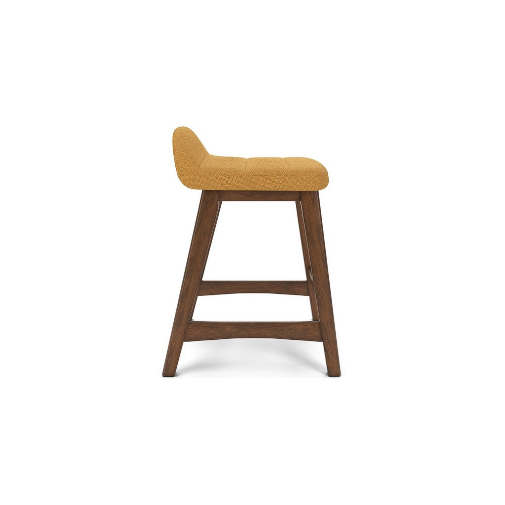 Benjara Jeyn Counter Stool with Footrest Set of 2, Brown Hardwood, Yellow Seat