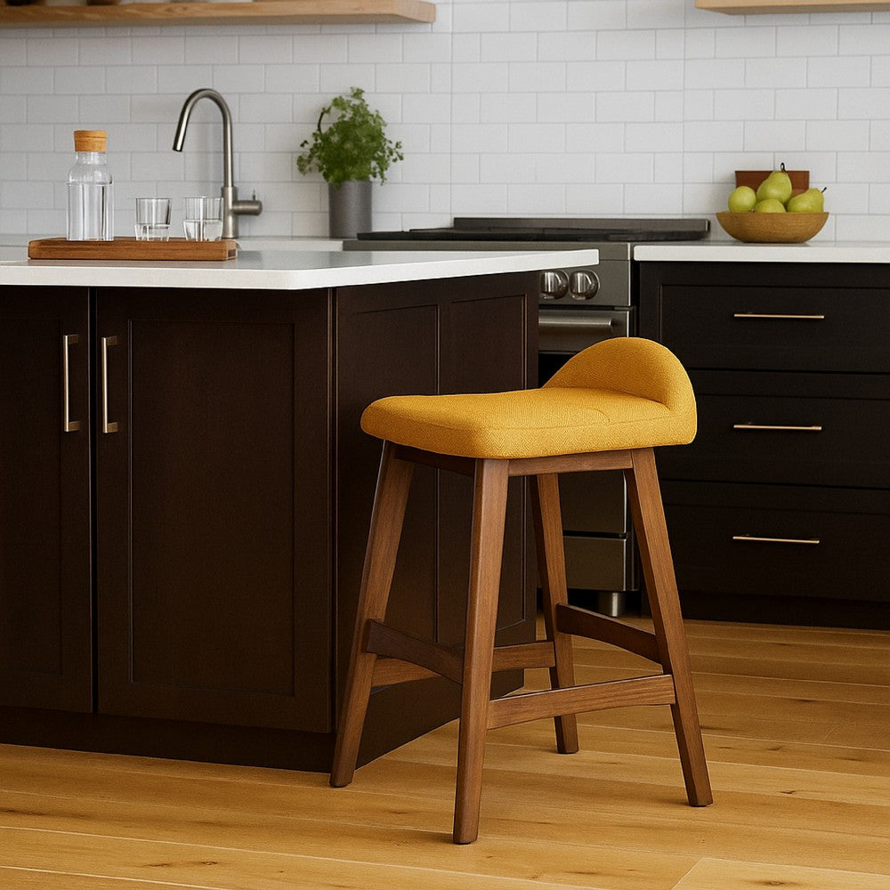 Benjara Jeyn Counter Stool with Footrest Set of 2, Brown Hardwood, Yellow Seat