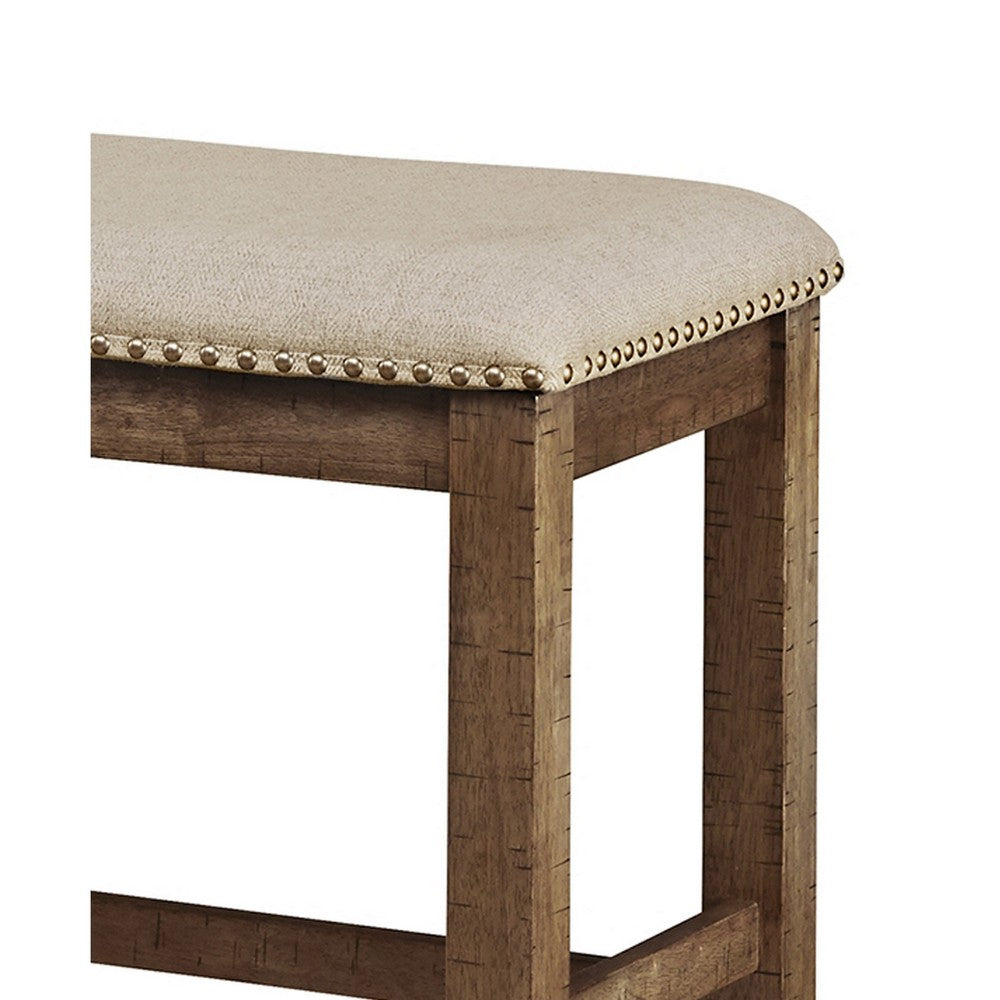Benjara Chip Counter Height Bench, Nailhead Trim And Footrest, Nutmeg Wood