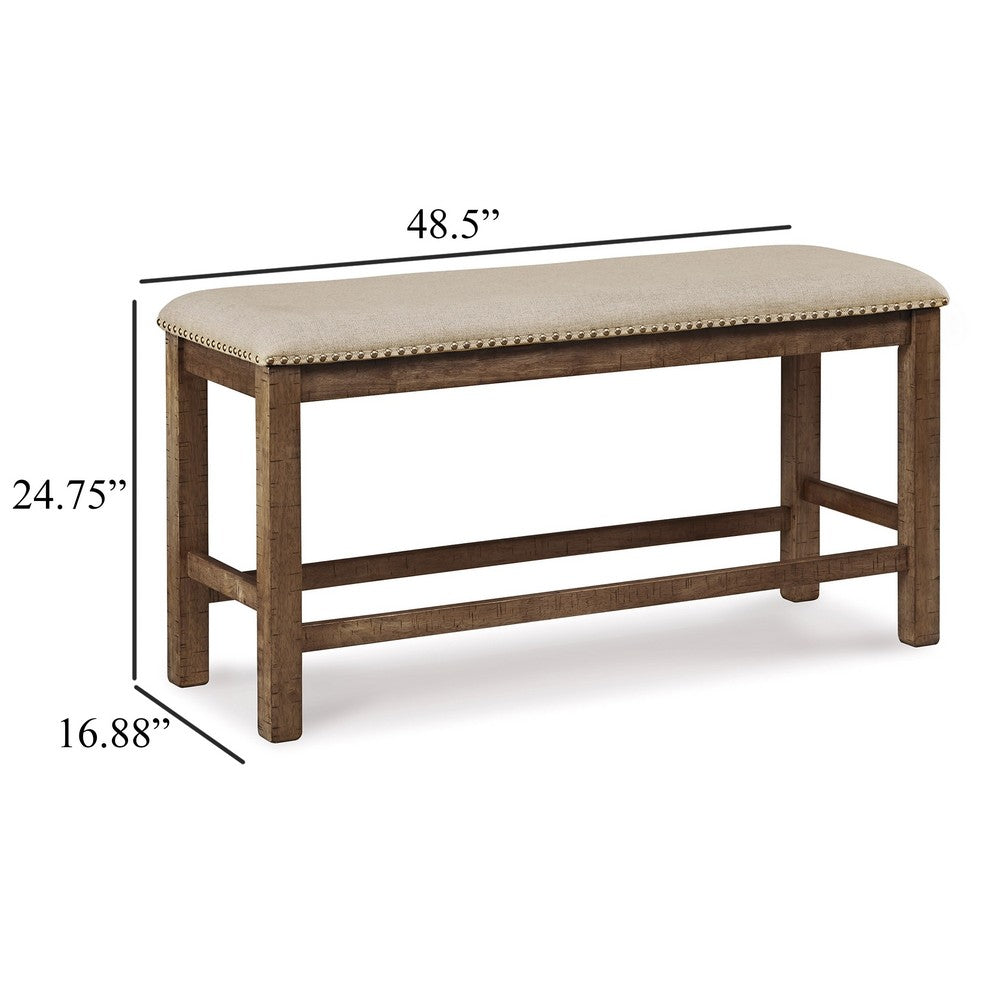 Benjara Chip Counter Height Bench, Nailhead Trim And Footrest, Nutmeg Wood