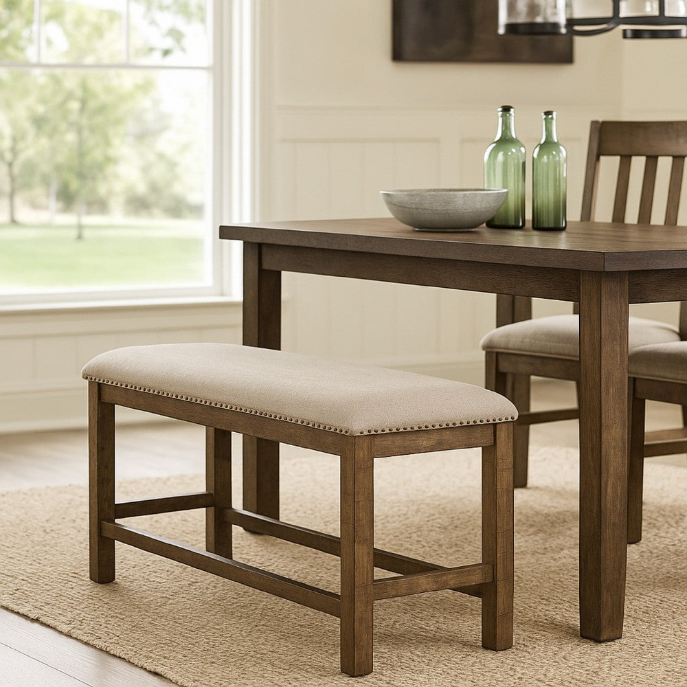 Benjara Chip Counter Height Bench, Nailhead Trim And Footrest, Nutmeg Wood