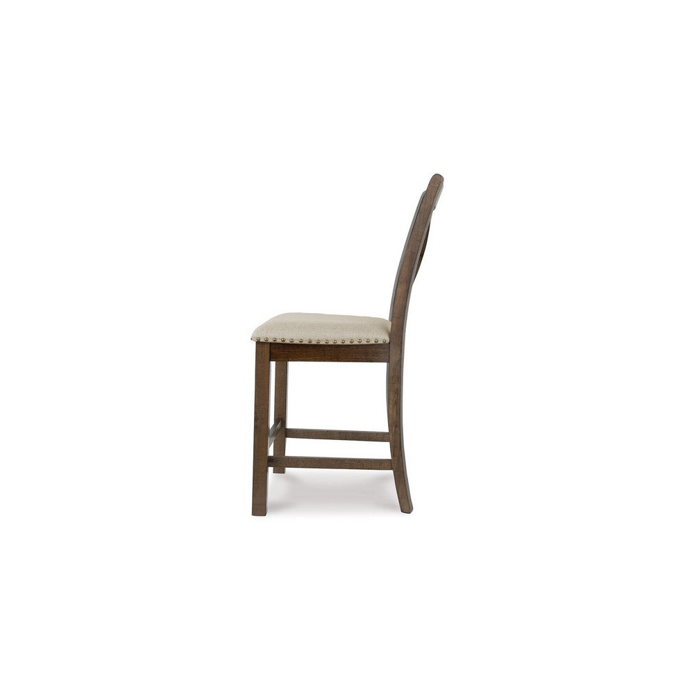 Benjara Chip Counter Height Chair Set of 2, Distress Nutmeg Wood, Polyester