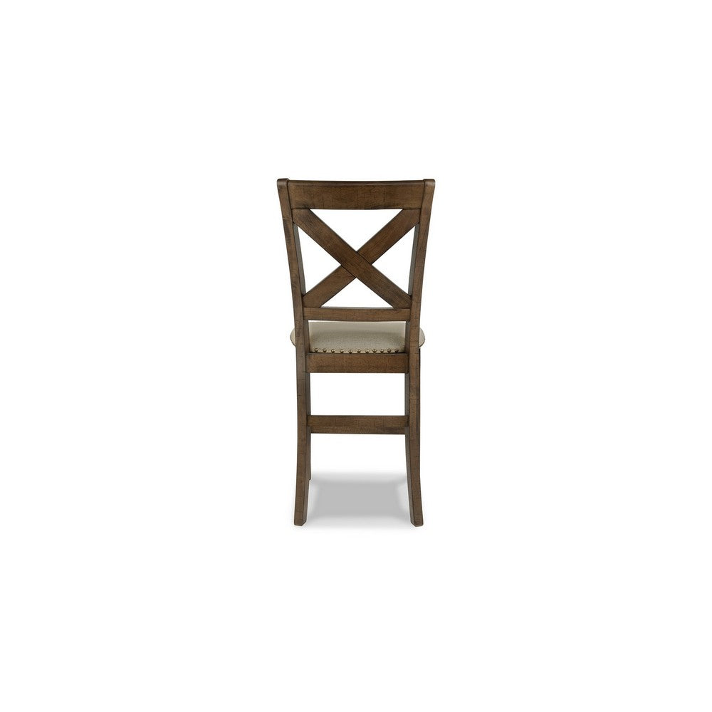 Benjara Chip Counter Height Chair Set of 2, Distress Nutmeg Wood, Polyester