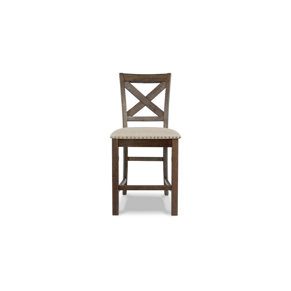 Benjara Chip Counter Height Chair Set of 2, Distress Nutmeg Wood, Polyester