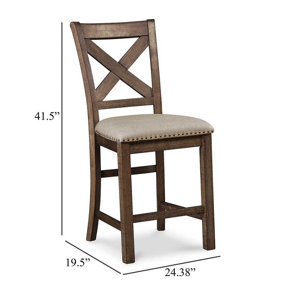 Benjara Chip Counter Height Chair Set of 2, Distress Nutmeg Wood, Polyester