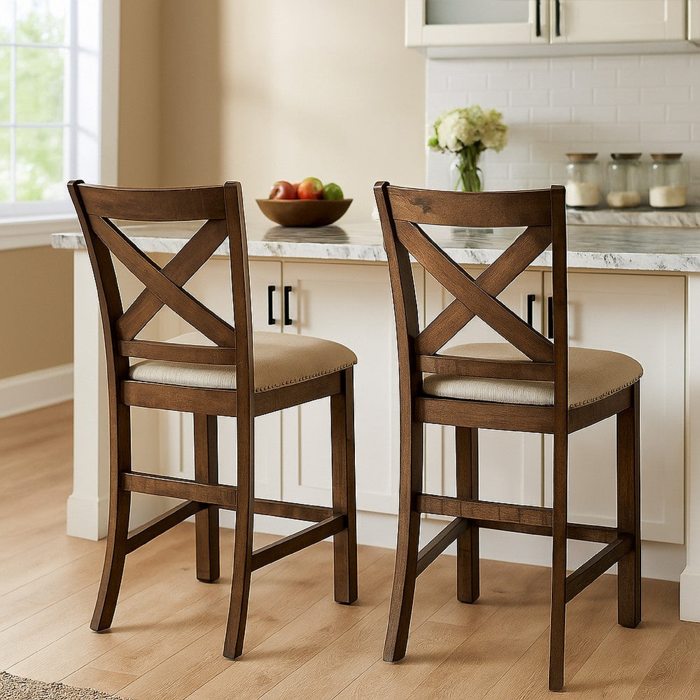 Benjara Chip Counter Height Chair Set of 2, Distress Nutmeg Wood, Polyester