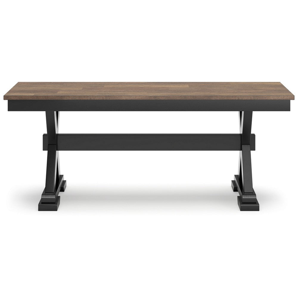 Benjara Fleur Large Dining Room Bench, 48 Inch Brown Seat, Black Wood Frame