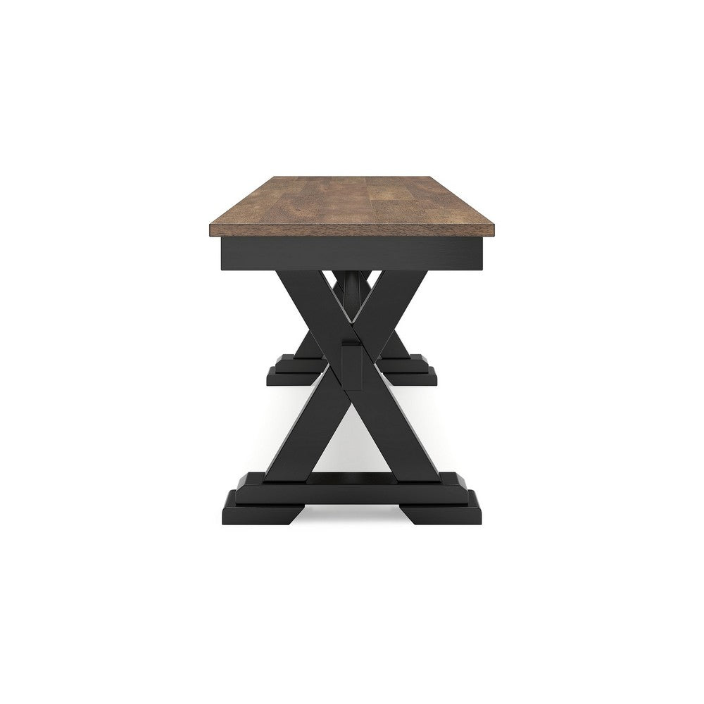 Benjara Fleur Large Dining Room Bench, 48 Inch Brown Seat, Black Wood Frame