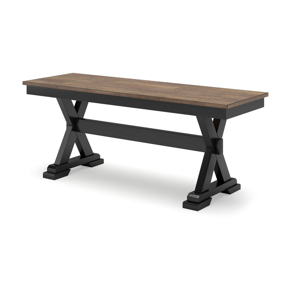 Benjara Fleur Large Dining Room Bench, 48 Inch Brown Seat, Black Wood Frame