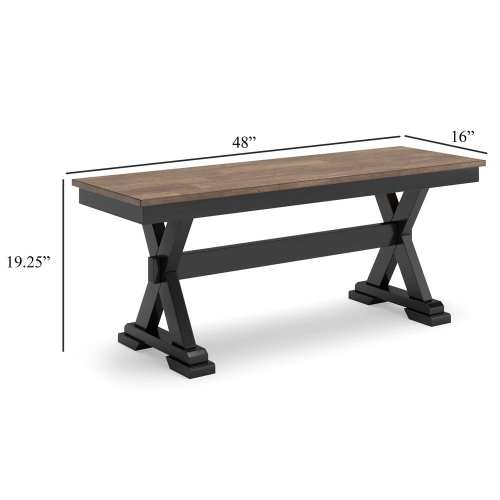 Benjara Fleur Large Dining Room Bench, 48 Inch Brown Seat, Black Wood Frame