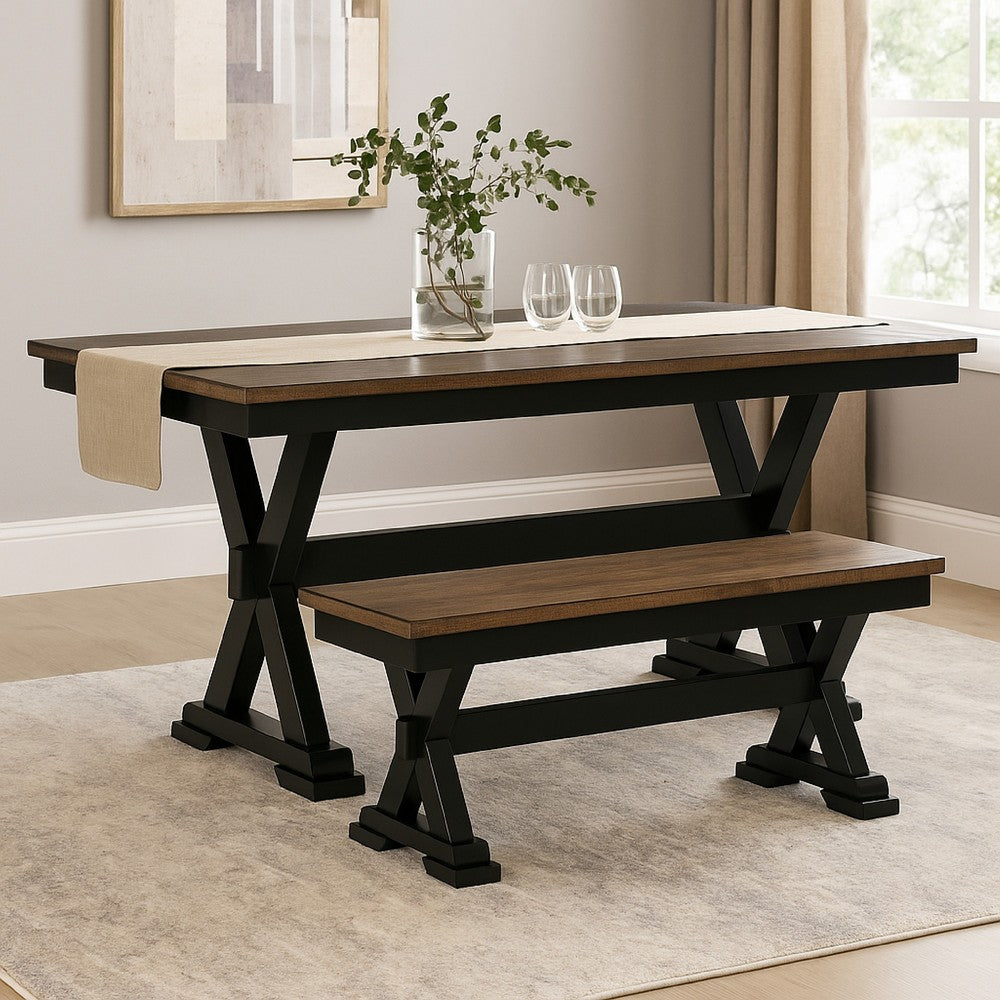 Benjara Fleur Large Dining Room Bench, 48 Inch Brown Seat, Black Wood Frame