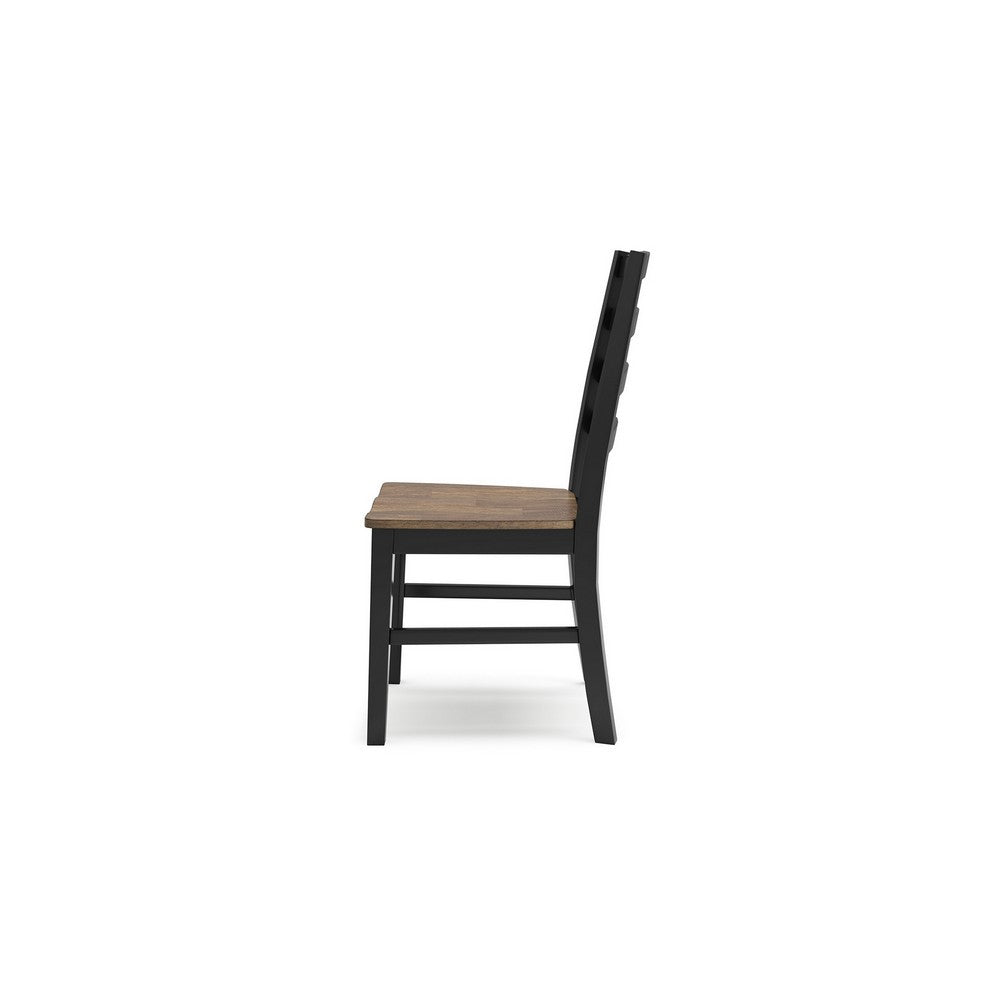 Benjara Fleur Dining Side Chair Set of 2, Black Ladderback, Brown Solid Wood