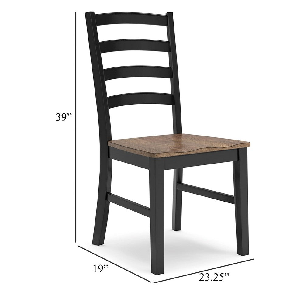 Benjara Fleur Dining Side Chair Set of 2, Black Ladderback, Brown Solid Wood