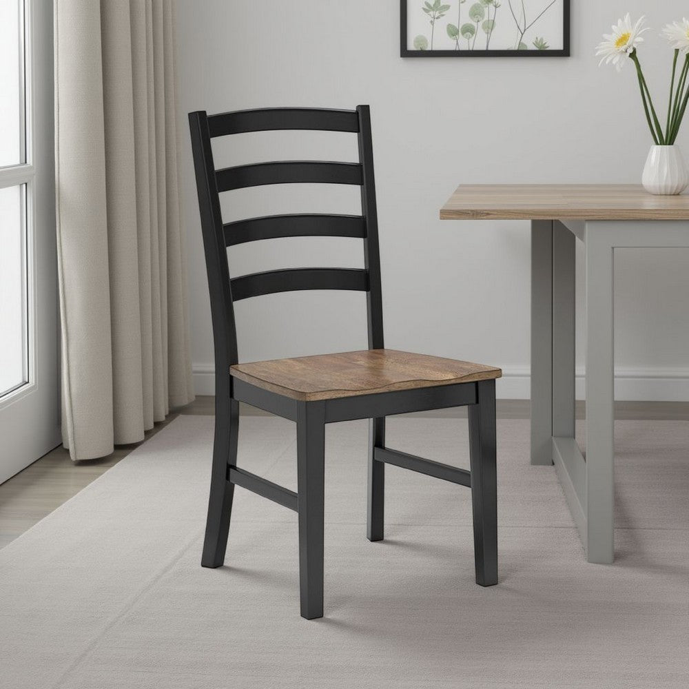 Benjara Fleur Dining Side Chair Set of 2, Black Ladderback, Brown Solid Wood