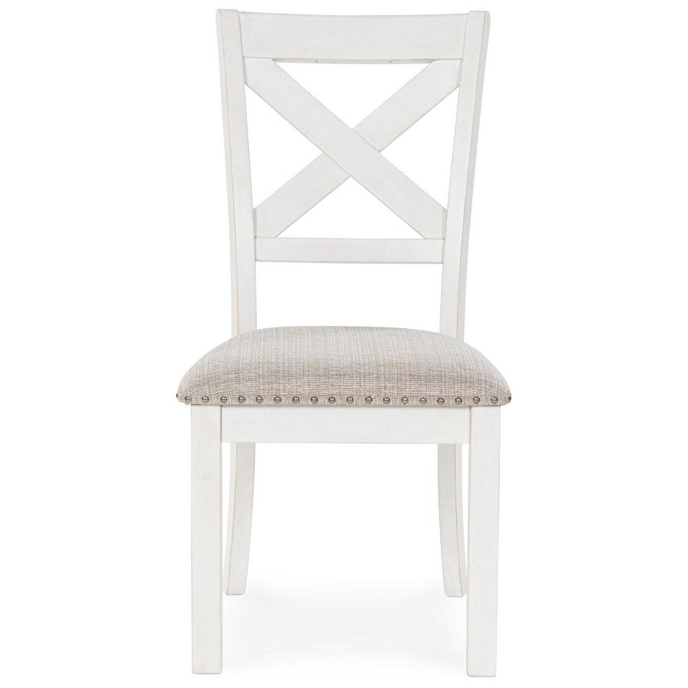 Benjara Lea Dining Side Chair Set of 2, Classic White Wood, Gray Polyester