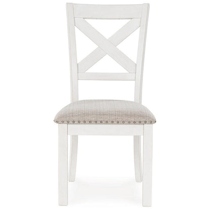 Benjara Lea Dining Side Chair Set of 2, Classic White Wood, Gray Polyester