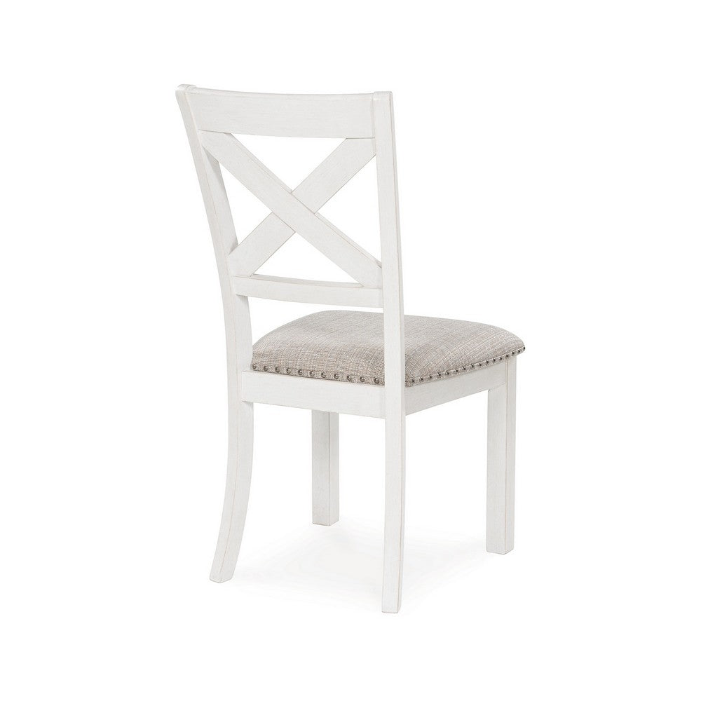 Benjara Lea Dining Side Chair Set of 2, Classic White Wood, Gray Polyester