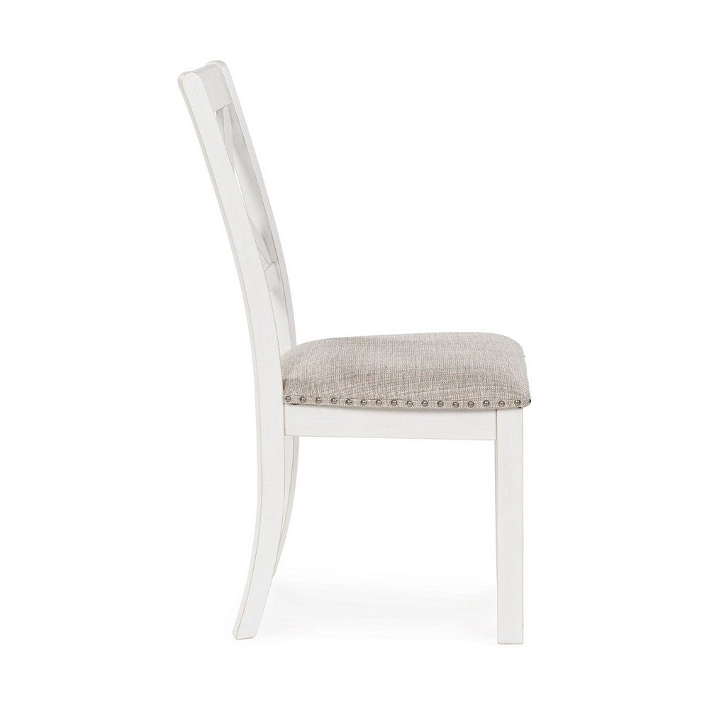 Benjara Lea Dining Side Chair Set of 2, Classic White Wood, Gray Polyester