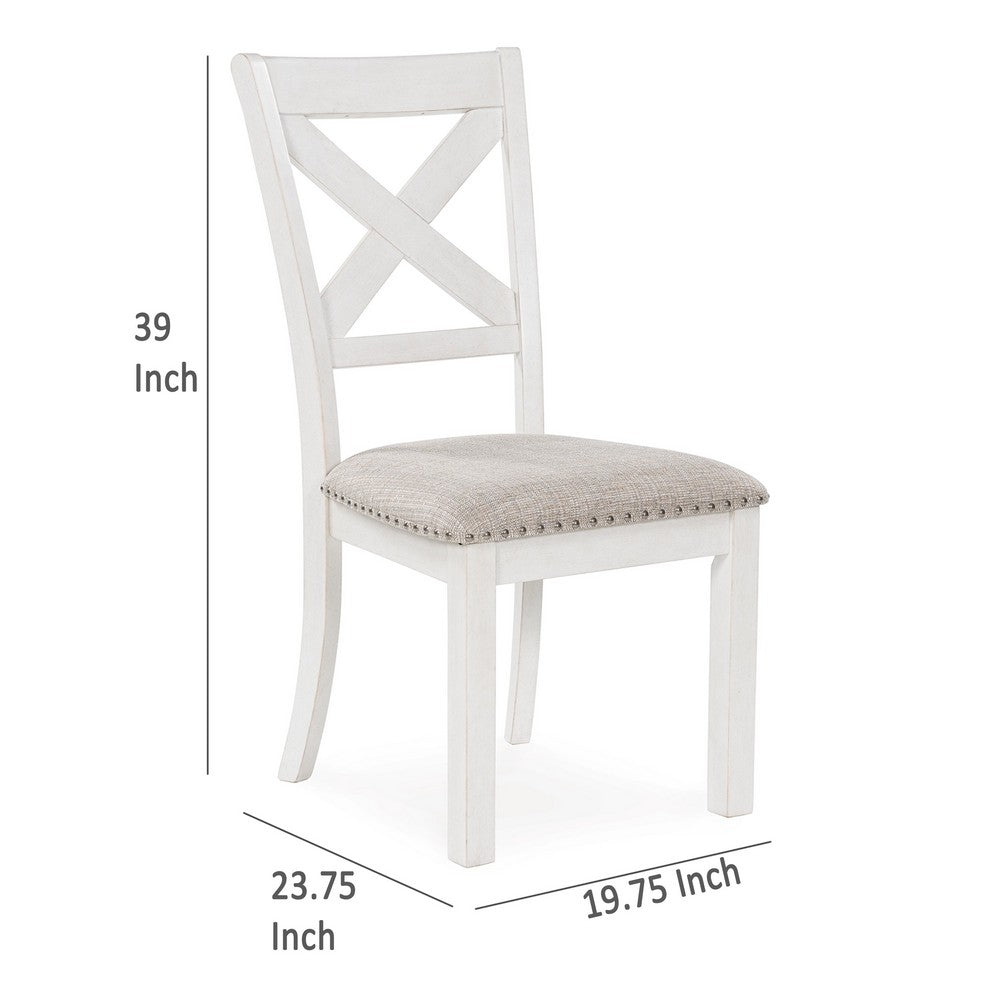 Benjara Lea Dining Side Chair Set of 2, Classic White Wood, Gray Polyester