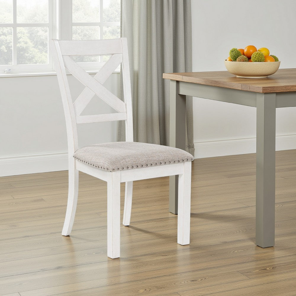 Benjara Lea Dining Side Chair Set of 2, Classic White Wood, Gray Polyester