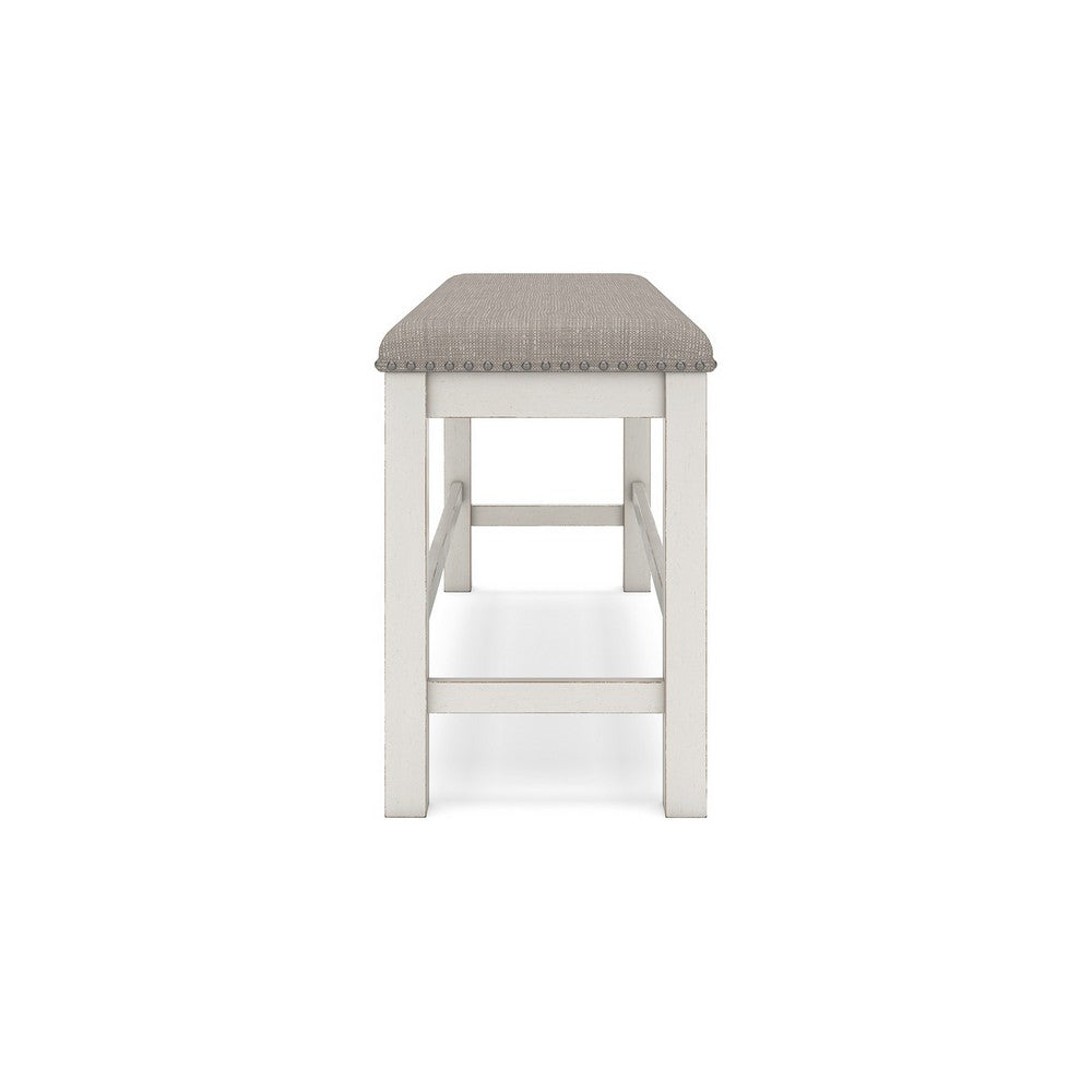 Benjara Lea Counter Height Dining Bench, Classic White Wood, Gray Polyester