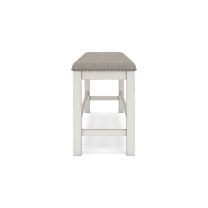 Benjara Lea Counter Height Dining Bench, Classic White Wood, Gray Polyester