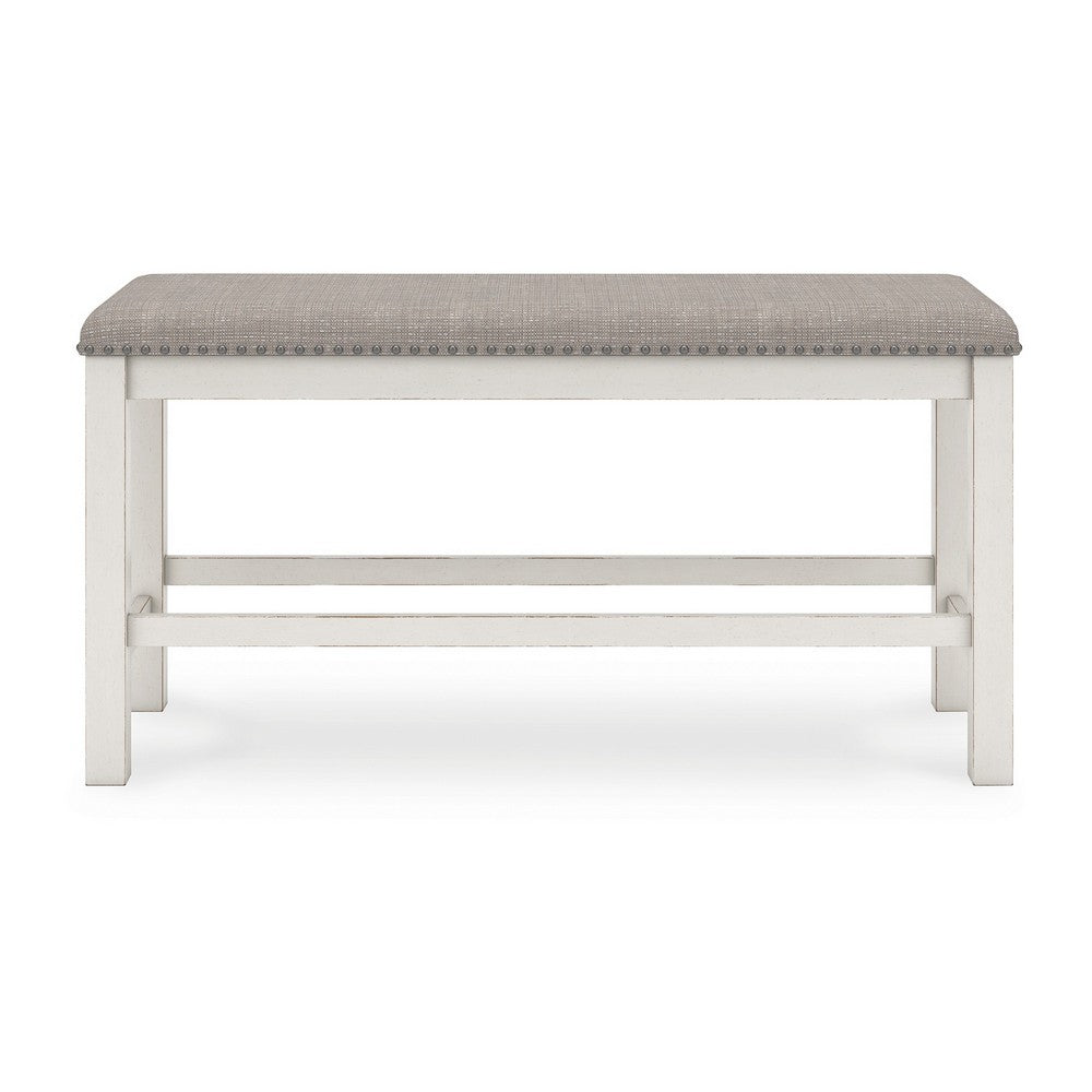 Benjara Lea Counter Height Dining Bench, Classic White Wood, Gray Polyester