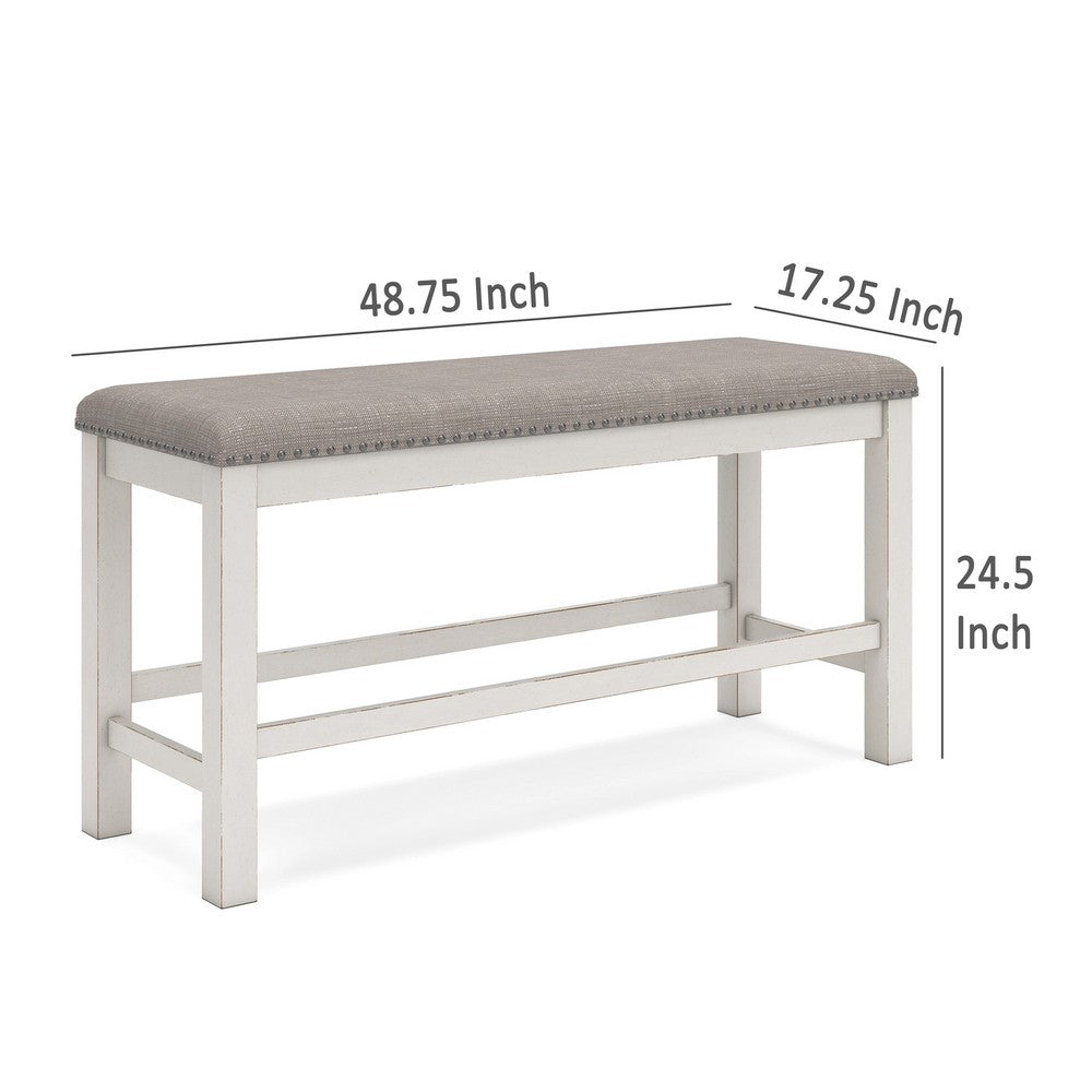 Benjara Lea Counter Height Dining Bench, Classic White Wood, Gray Polyester