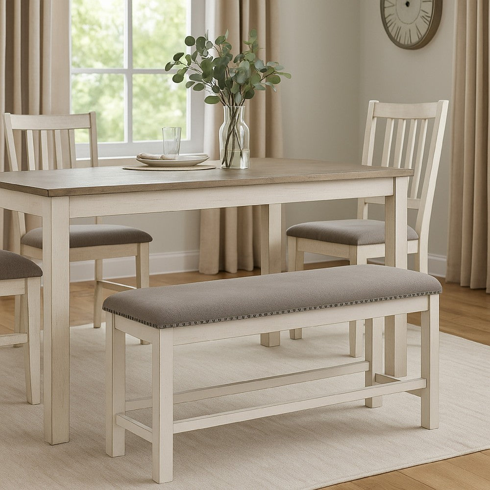 Benjara Lea Counter Height Dining Bench, Classic White Wood, Gray Polyester